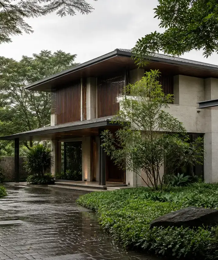 An independent villa behind a planted arrival court after the rain