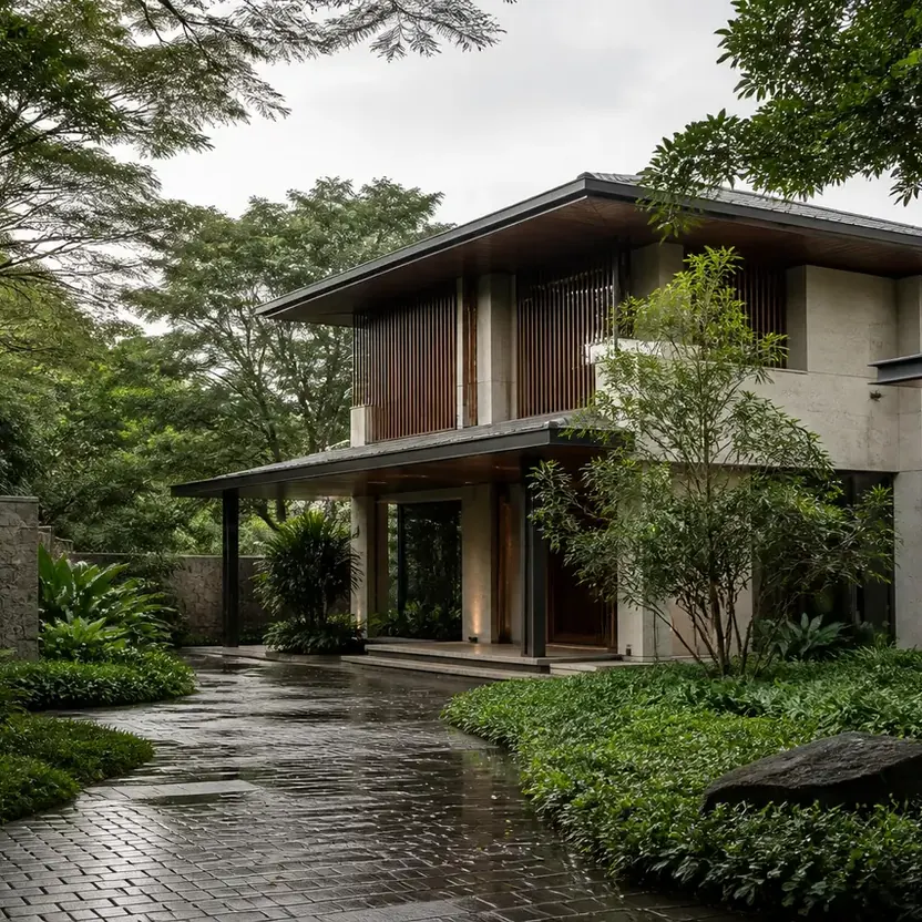 A planted arrival court before an independent villa