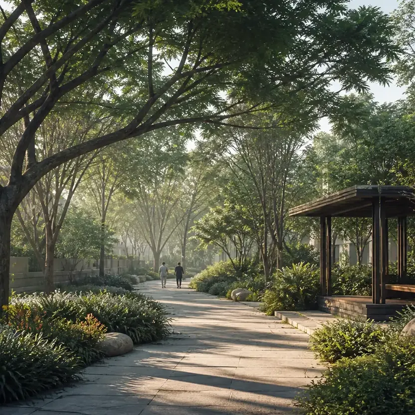 A shared landscape spine with a garden pavilion under old trees