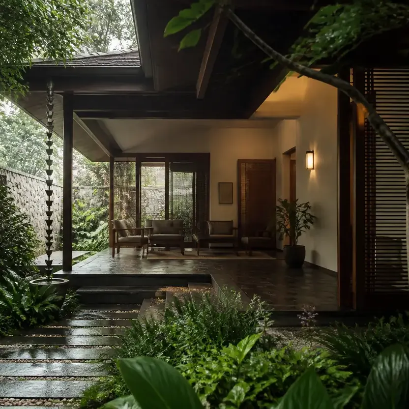A villa veranda opening onto a planted courtyard