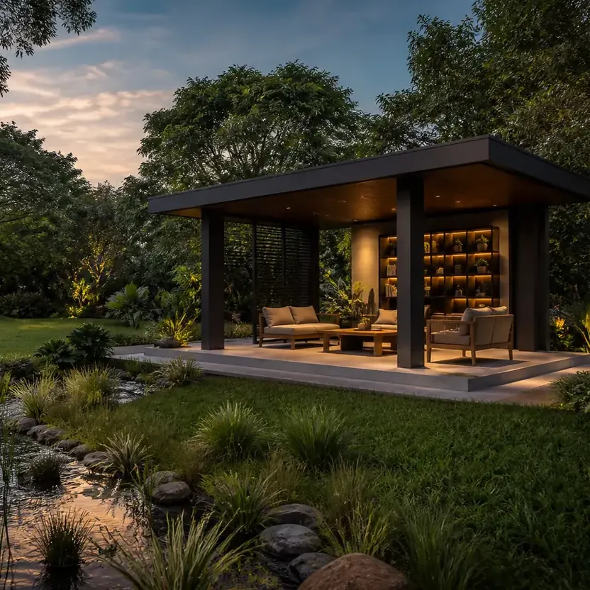 A garden pavilion beside a pond at dusk