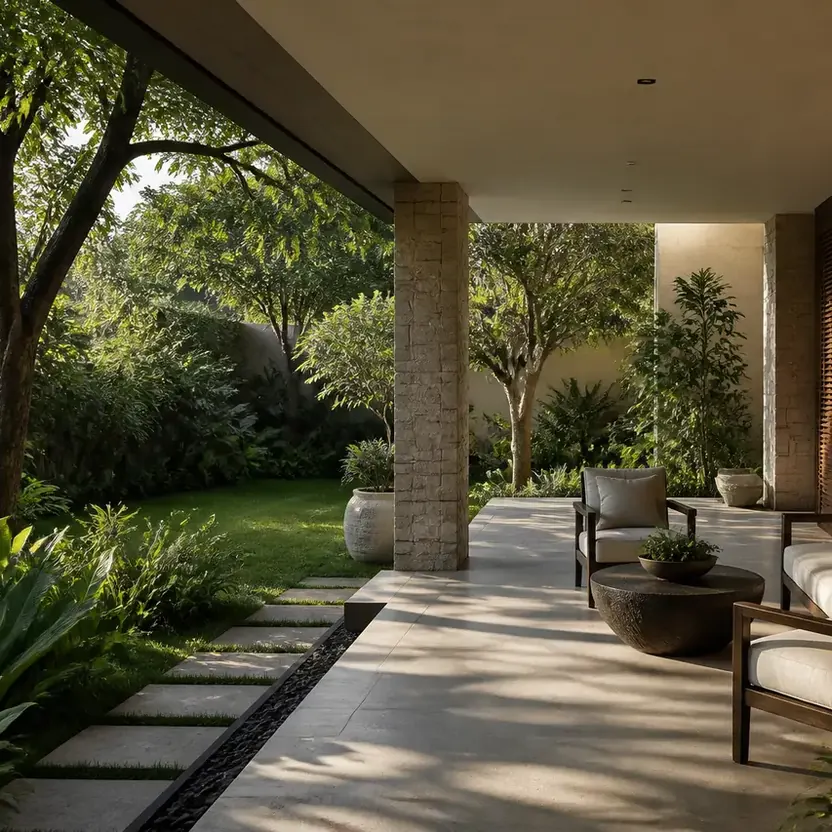 A shaded garden terrace with lounge seating