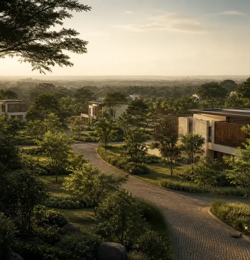 A villa among old trees above a winding garden path at sunset